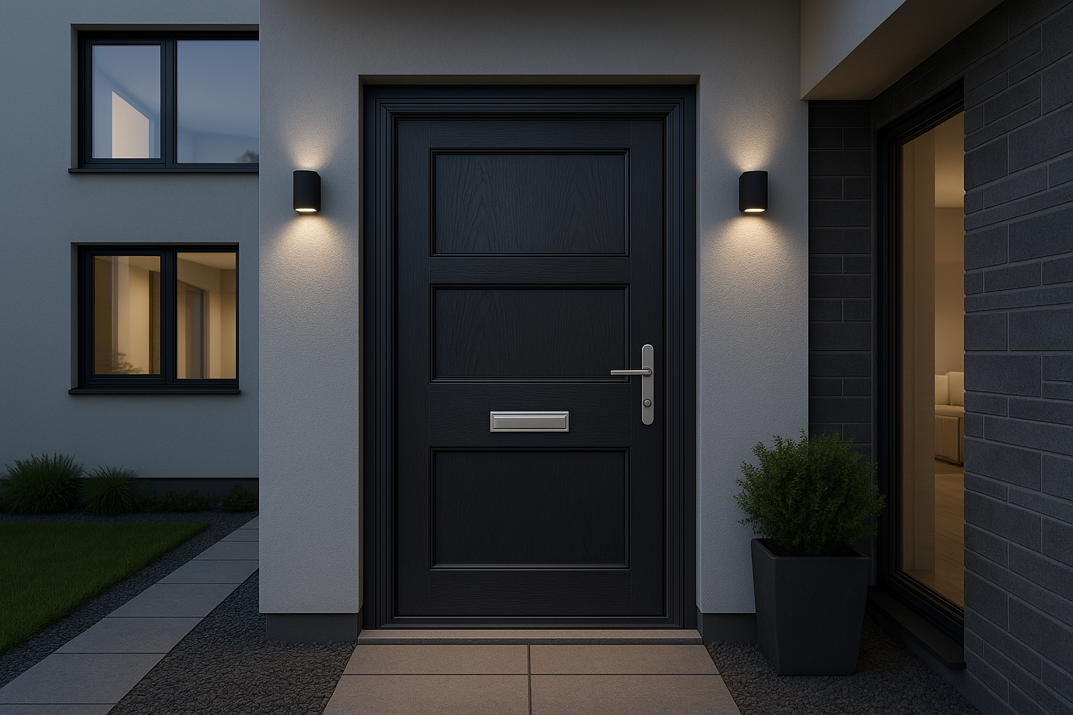design me a composite door with a modern house using door stop profile composite doros